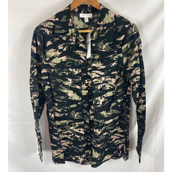 NWT Topshop Oversized Camo Long Sleeve Button Down Blouse Black Green - Picture 2 of 5